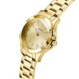 Reloj analógico Guess modelo Mist, con caja y pulsera de eslabones de acero inoxidable en tono dorado. La esfera dorada presenta índices aplicados en forma de gota y pequeños cristales incrustados en el bisel.