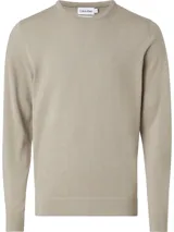 Sweater de lana merino color beige, de corte regular, con cuello redondo y logo de Calvin Klein bordado en el pecho.