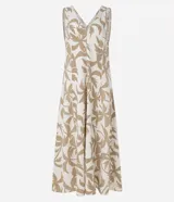 Vestido midi evasê sin mangas, confeccionado en viscolino con estampado de follaje, escote en V y espalda descubierta.