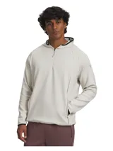 Remera de manga larga Under Armour color gris claro, con capucha y cierre parcial con cremallera.