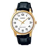 Reloj analógico Casio con caja dorada, esfera blanca con números arábigos y correa de cuero negro.