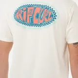 Remera blanca de manga corta con cuello redondo y logo ovalado de Rip Curl estampado en el pecho.