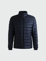 Chaqueta puffer azul marino con cierre frontal y cuello alto.