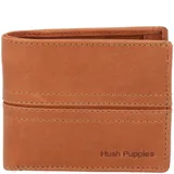 Billetera de cuero color caramelo con costuras a la vista y logo de la marca grabado en la parte inferior.