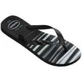 Ojotas Havaianas Top Basic con plantilla a rayas en tonos azul y blanco, y tiras azul marino con logo de la marca.