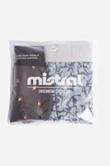 Pack de dos bóxers estampados, uno con diseño geométrico en tonos marrones y cintura elástica negra, y otro con estampado floral en tonos azules y cintura elástica gris.