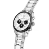 Reloj Maserati Attrazione con caja de acero inoxidable plateada de 43mm, esfera blanca con detalles en negro y correa de acero inoxidable.