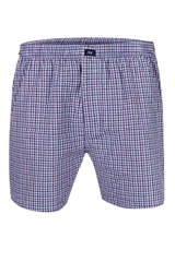 Calzoncillo tipo bóxer de tela a cuadros azules, marrones y blancos.