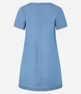 Vestido corto azul denim de liocel, con cuello redondo, mangas cortas y corte recto.