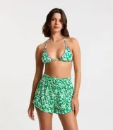 Short de playa de chiffon con estampado de algas, cintura elástica y lazo.