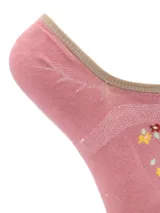 Calcetines invisibles de color verde claro con estampado de pequeñas flores de colores y borde superior en color topo. Presentan una banda blanca en el borde inferior y logo en la puntera.