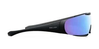 Lentes de sol con montura envolvente negra y lentes reflectantes azules. Protección UV400.