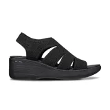 Sandalias Skechers Pier Lite color negro, con capellada tejida y diseño calado. Posee plantilla acolchada de espuma y suela de goma con cuña de 3,8 cm.