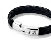 Pulsera trenzada de cuero negro con cierre de metal bañado en plata de ley.