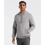 Buzo hoodie gris con cordones ajustables en la capucha, bolsillo tipo canguro y logo pequeño bordado en el pecho.
