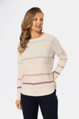 Buzo de tejido fino color blanco con rayas horizontales de colores pastel, confeccionado en algodón.