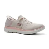 Championes deportivos Skechers Hands Free Slip-ins Summits, color beige con detalles en rosa. Diseño sin cordones con tecnología Heel Pillow y plantilla Air-Cooled Memory Foam.