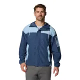 Cortavientos Columbia Challenger II de hombre, color azul marino con detalles en celeste. Cuenta con capucha ajustable, cierre frontal, bolsillos laterales con cierre y un bolsillo con cierre en la manga.
