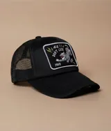 Gorra trucker negra con parche frontal bordado con un tigre y la frase "Don't Lose Your Fire".