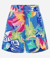 Short corto con estampado tropical, confeccionado en viscosa y lino, con cierre interno y bajo redondeado.