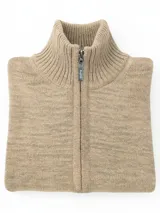 Sweater gris de tejido de punto con cuello alto y cierre parcial con cremallera.
