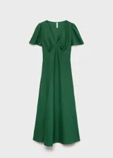 Vestido midi verde esmeralda de lino con escote en V, mangas cortas abullonadas y corte ajustado en la cintura.