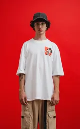 Remera blanca de manga corta con cuello redondo y calce oversize. Estampado de Mickey Mouse en el pecho.