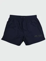 Short de baño azul marino con cintura elástica ajustable con cordón y logo Diesel estampado en la pierna derecha.