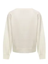 Sweater color crudo de lana con cuello redondo y abertura frontal con botones de madera.