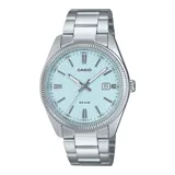 Reloj Casio MTP1302DA-2A2VDF para hombre, con caja y correa de acero plateado, esfera celeste de 38mm, calendario y resistencia al agua 50m.
