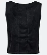 Musculosa negra de gamuza sintética con corte recto y cuello redondo.