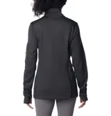 Buzo polar Columbia de mujer, color gris, con media cremallera frontal, cuello alto, mangas largas con orificios para pulgares y bolsillo con cremallera en la manga izquierda.