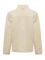 Micropolar color beige con cierre completo, cuello alto y bolsillo con cierre en la manga izquierda.