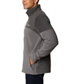 Polar Columbia Basin Trail III Full Zip para hombre, color gris oscuro y gris medio, con diseño de bloques de color. Presenta cuello alto, cierre frontal completo y bolsillos laterales con cremallera.