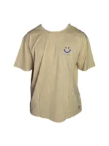 Remera color arena de manga corta con cuello redondo y estampado frontal de una cara sonriente y la palabra 'Tuya'.