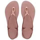 Ojotas Havaianas Luna color rosado con tiras finas con diseño trenzado y ajuste al tobillo.