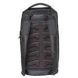 Mochila unisex negra convertible en bolso duffel, con amplio compartimento principal, bolsillo interior con cierre, compartimento acolchado para portátil de 15 pulgadas, panel trasero con riel moldeado de EVA, bolsillo lateral largo con cierre, bolsillo lateral de malla con cierre y correas de hombro acolchadas Airmesh.
