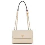 Cartera Guess modelo Daryna II, color blanco, con correa de cadena dorada y asa superior de cuero sintético negro. Tiene cierre con solapa y broche imantado, y logo triangular dorado en el frente.