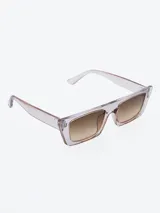 Lentes de sol rectangulares con marco transparente y lentes marrones degradadas.