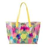 Cartera tipo shopper de PU transparente con estampado abstracto multicolor y asas amarillas.