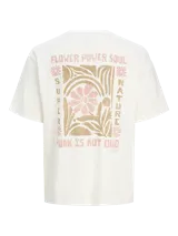 Remera color crudo de manga corta y cuello redondo con estampado en el frente con la frase "Flower Power Soul" y un diseño floral.