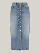 Falda denim de talle alto, con cierre de botones, cinco bolsillos y diseño de efecto desteñido.