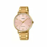 Reloj Casio para mujer, modelo LTPVT01G-4BUDF, con caja y pulsera de acero dorado y esfera rosa de 40mm.