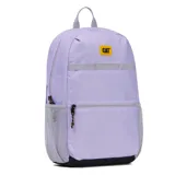 Mochila unisex Caterpillar (CAT) color lila pastel con detalles en gris y negro. Presenta un compartimento principal con cierre, un bolsillo frontal con cierre y bolsillos laterales de malla. Incluye presillas frontales y correas ajustables de malla transpirable.