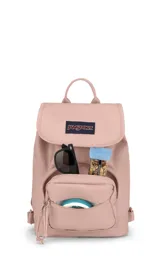 Mochila mini de poliéster color negro con logo JanSport en el frente, asa de mano y bolsillo frontal con cierre.