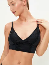 Conjunto de ropa interior negro, compuesto por un bralette de encaje con breteles finos y una bombacha tipo colaless de encaje.