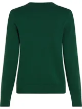 Sweater verde de tejido de punto con cuello redondo y logo de la marca bordado en color blanco en el pecho.
