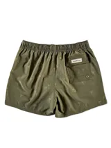 Short de baño blanco con estampado de hojas de palmera en tonos verde, rojo y amarillo.