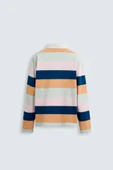 Polo de hombre de corte regular, con cuello solapa y cierre frontal de botonadura oculta por solapa, y manga larga. Diseño a rayas horizontales en azul marino, naranja, rosa y verde agua.