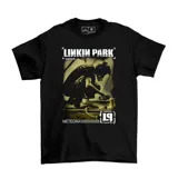 Remera negra de algodón con estampado del logo de la banda Linkin Park y el título del álbum Meteora.